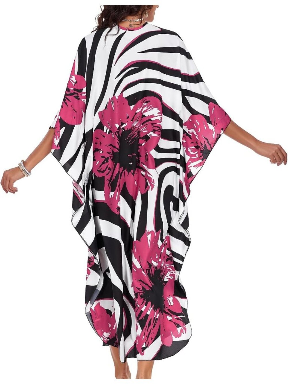 Women Rosy Red Flower Polyester Plus Size V Neck Printed Batwing Sleeves Coverup - Picture 6 of 6